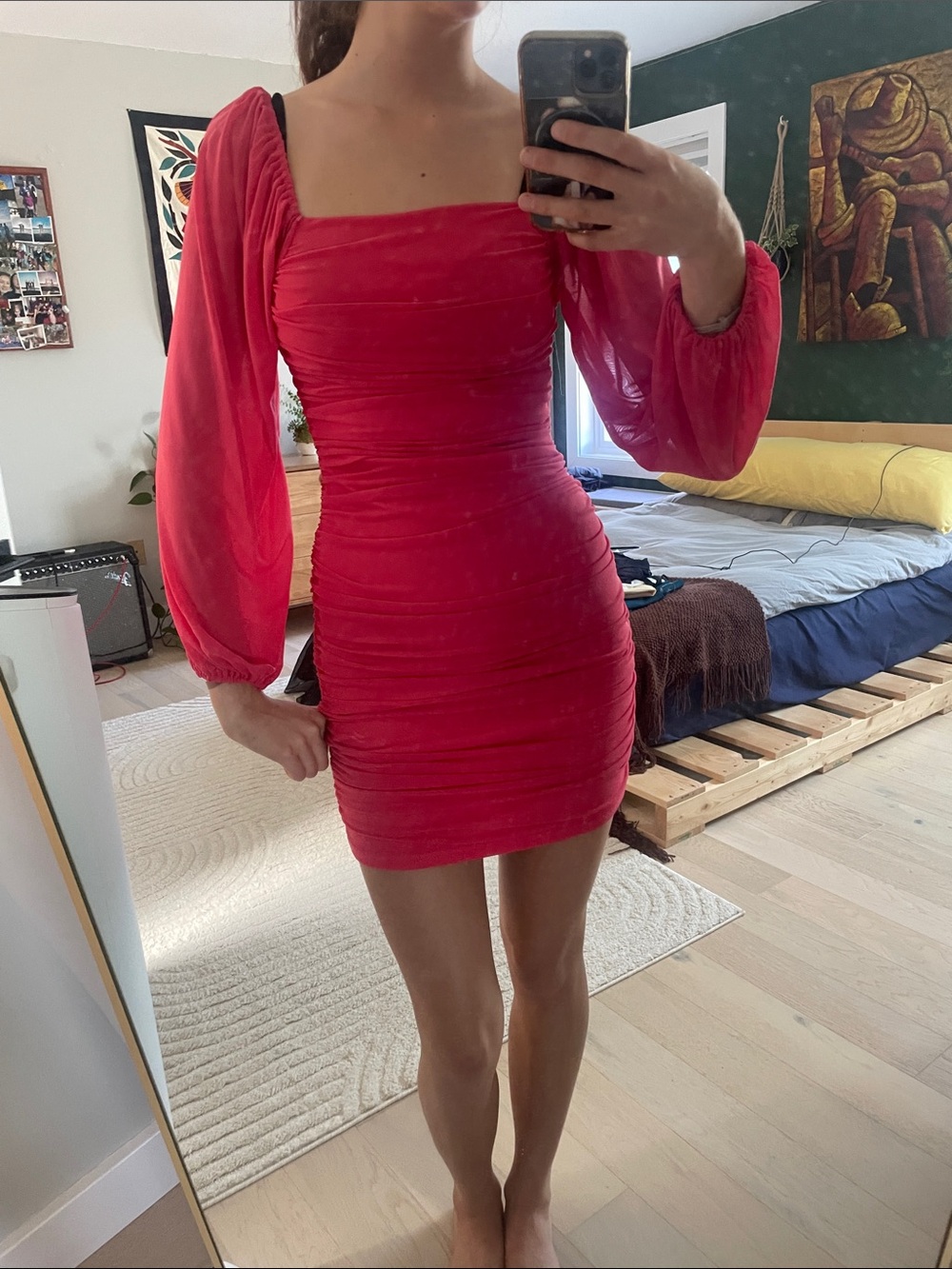 Pink Long-Sleeve Square Neck Ruched Bodycon Dress